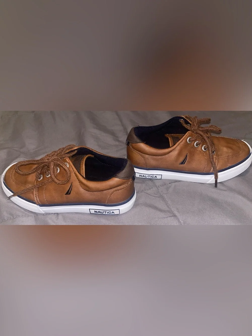 Nautica Tan/Brown Lace-Up Kids Boat Shoes with White Sole